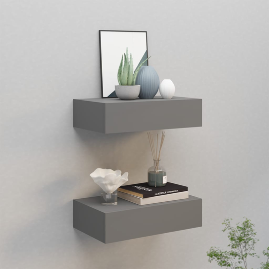 vidaXL Seinälaatikkohyllyt 2 kpl harmaa 40x23,5x10 cm MDF
