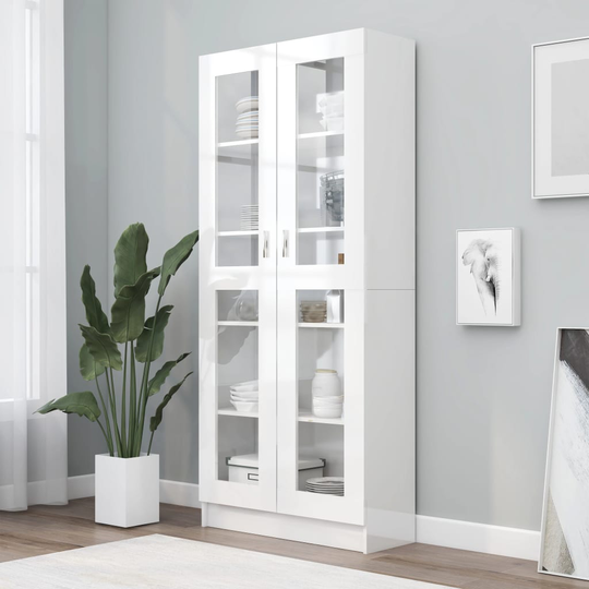 vidaXL Vitriinikaappi korkeakiilto valk. 82,5x30,5x185,5 cm lastulevy