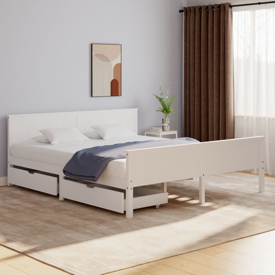 vidaXL Sängynrunko 2 vetolaatikolla valkoinen täysi mänty 180x200 cm