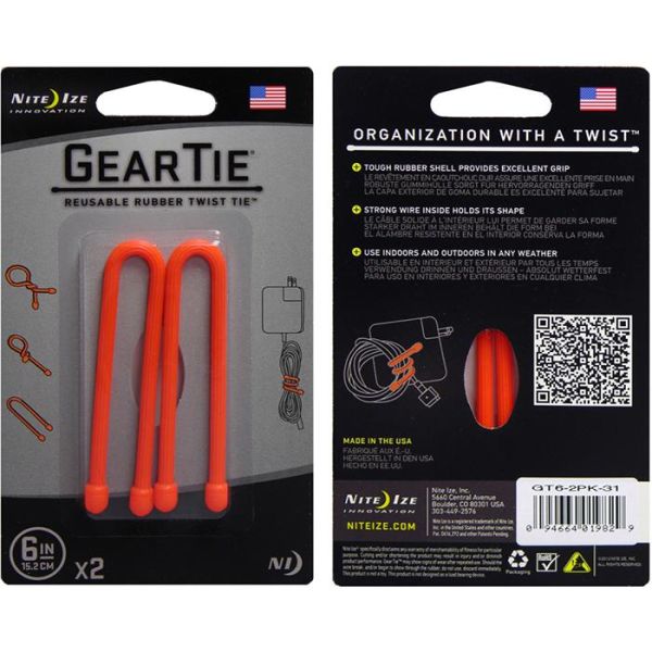 Nite Ize Gear Tie 6 Vaijeri 2 kpl:n pakkaus oranssi