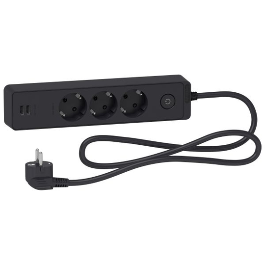 Schneider Electric Unica Extend Haaroitusjatkojohto 3-osainen, maadoitettu, 2xUSB, 1.5 m Antrasiittiharmaa