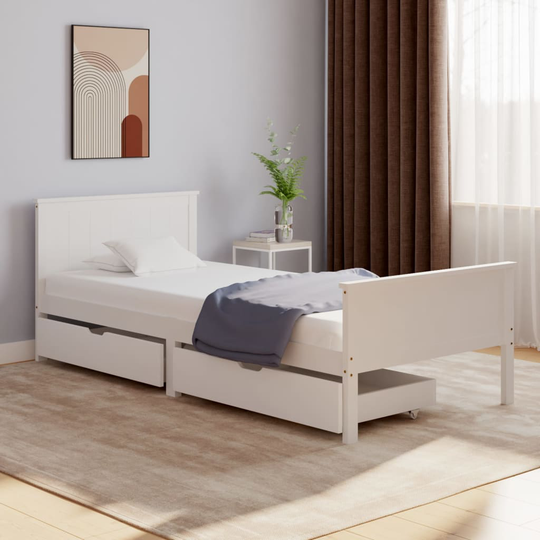 vidaXL Sängynrunko 2 vetolaatikolla valkoinen täysi mänty 90x200 cm