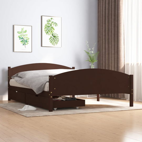 vidaXL Sängynrunko 2 vetolaatikkoa tummanruskea 140x200 cm täysi mänty