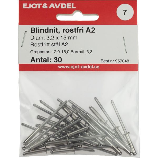 Ejot 120048 Vetoniitit SS, RFR F30, 30 kpl pakkaus 3,2 x 10 mm