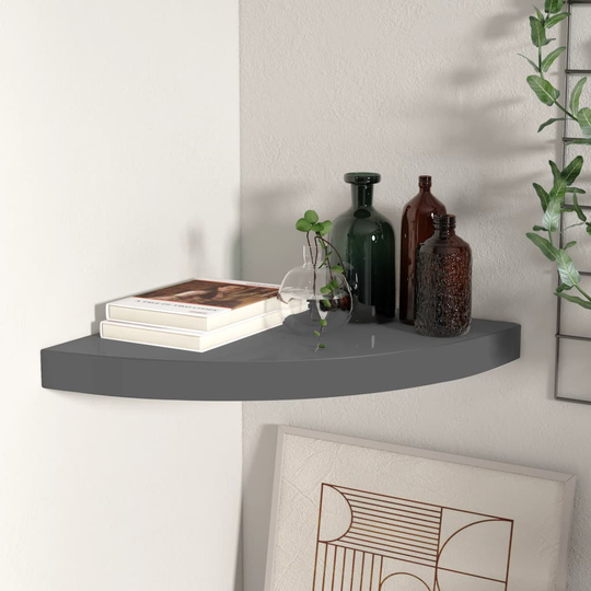 vidaXL Kelluva kulmahylly korkeakiilto harmaa 35x35x3,8 cm MDF