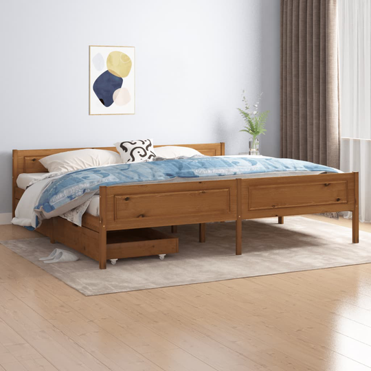 vidaXL Sängynrunko 2 vetolaatikolla hunajanrusk täysi mänty 200x200 cm