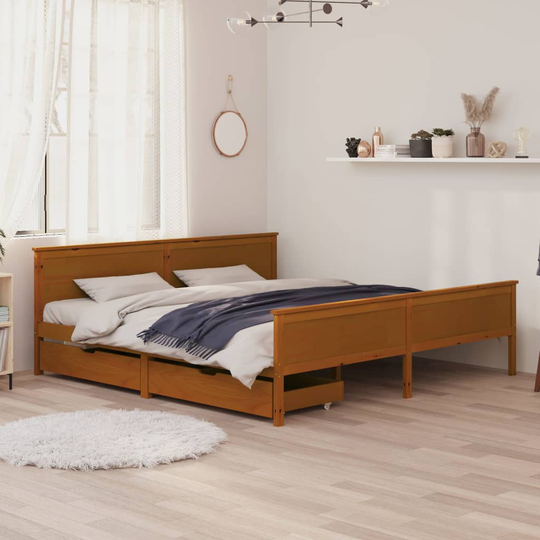 vidaXL Sängynrunko 2 vetolaatikolla hunajanrusk täysi mänty 180x200 cm