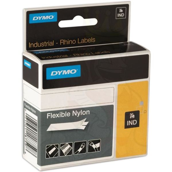 DYMO Rhino Joustonailonteippi 12mm Musta teksti, valkoinen pohja
