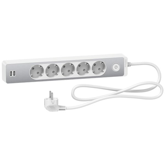 Schneider Electric Unica Extend Haaroitusjatkojohto maadoitettu, 2xUSB, valk/alu, 1.5 m 5-osainen