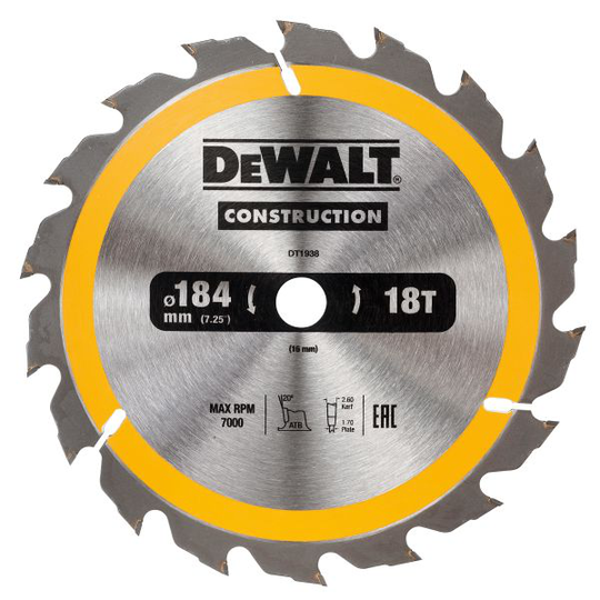 Dewalt DT1938-QZ Pyörösahanterä 184 x 16 mm, 18T