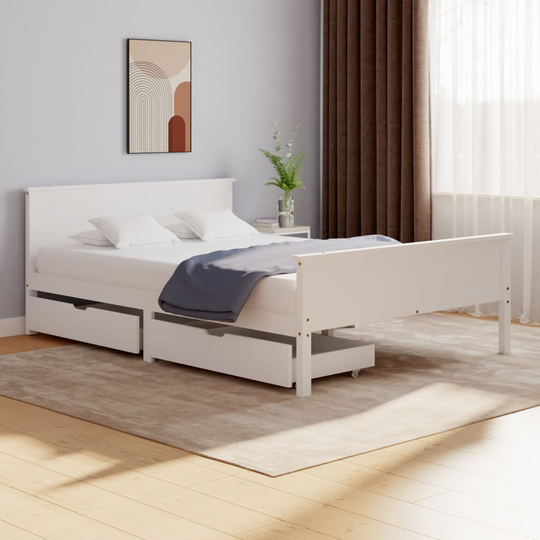 vidaXL Sängynrunko 2 vetolaatikolla valkoinen täysi mänty 160x200 cm
