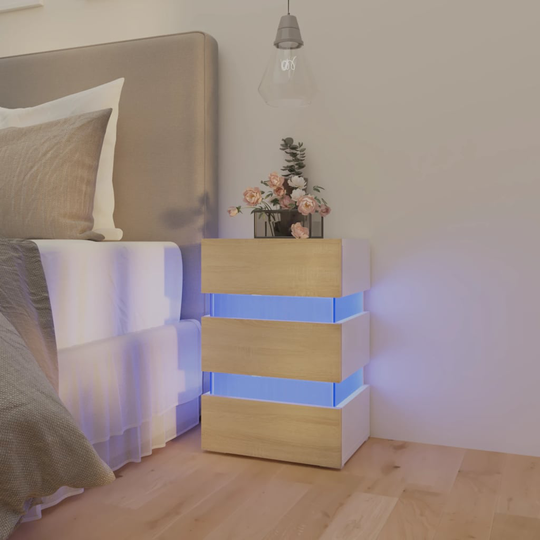 vidaXL Yöpöytä LED-valoilla valk./ Sonoma-tammi 45x35x67 cm lastulevy