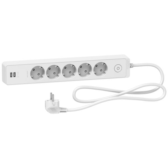 Schneider Electric Unica Extend Haaroitusjatkojohto 5-osainen, maadoitettu, 2xUSB, 1.5 m Valkoinen