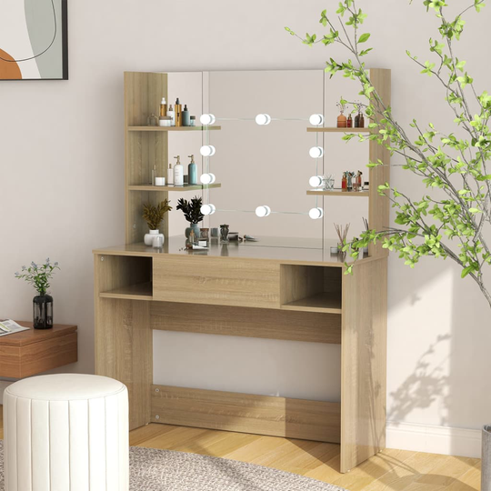 vidaXL Meikkipöytä LED-valoilla 100x40x135 cm MDF tammi