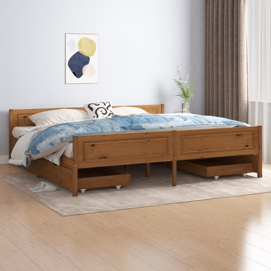 vidaXL Sängynrunko 4 vetolaatikolla hunajanrusk täysi mänty 200x200 cm