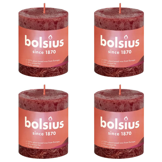 Bolsius Pilarikynttilät Shine 4 kpl rustiikkinen 80x68 mm punainen