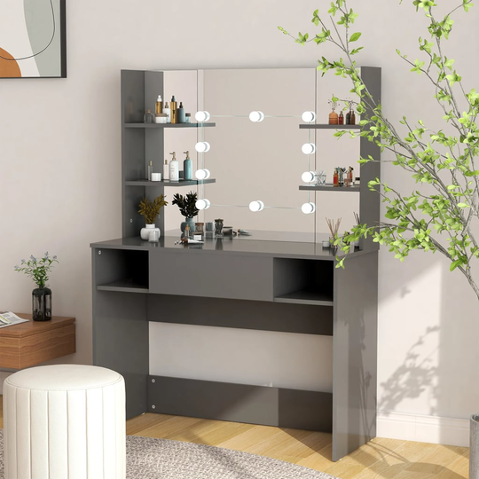 vidaXL Meikkipöytä LED-valoilla 100x40x135 cm MDF harmaa