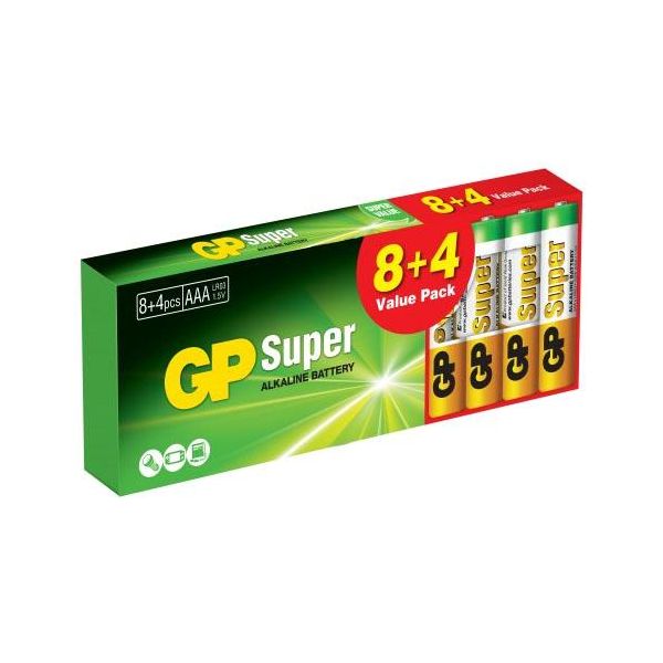 GP Batteries Super Alkaline Alkaliparistot AAA, 12 kpl:n pakkaus