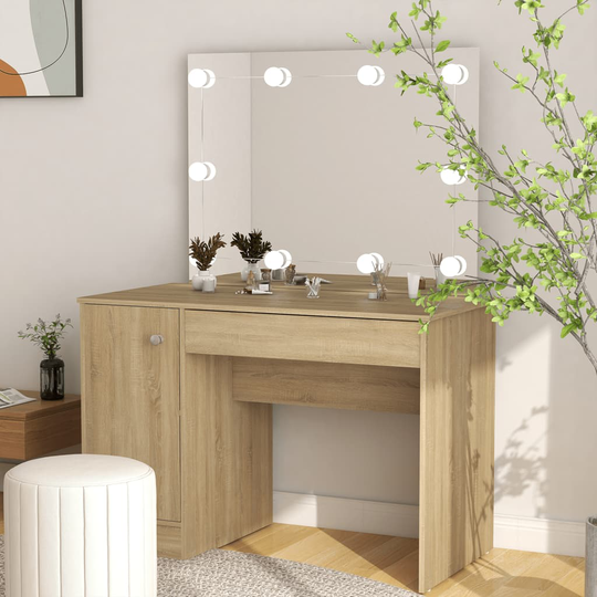 vidaXL Meikkipöytä LED-valoilla 110x55x145 cm MDF tammi