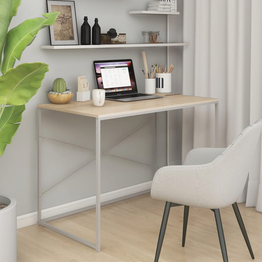 vidaXL Tietokonepöytä valkoinen ja tammi 110x60x70 cm lastulevy