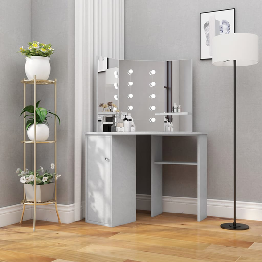 vidaXL Meikkipöytä kulmaan LED-valoilla betoninharmaa 111x54x141,5 cm