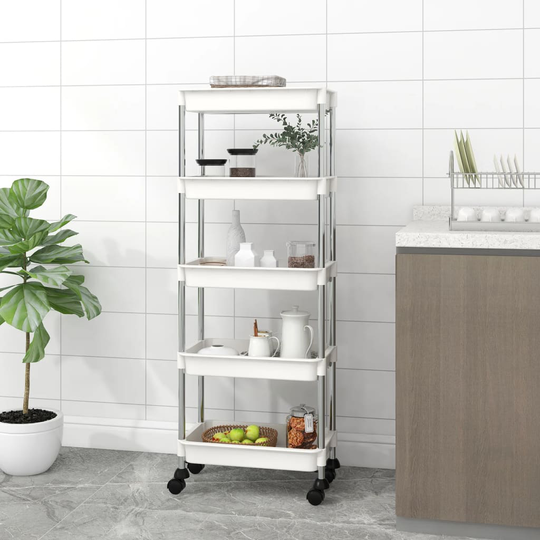 vidaXL 5-kerroksinen keittiövaunu valkoinen 40x22x116 cm rauta ja ABS