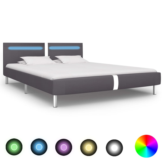 vidaXL Sängynrunko LED-valolla harmaa keinonahka 150x200 cm