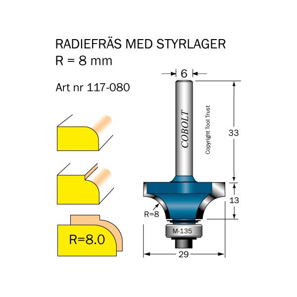 Cobolt 117-080 Pyöristysjyrsin pohja-asennettu ohjainlaakeri Säde 8 mm