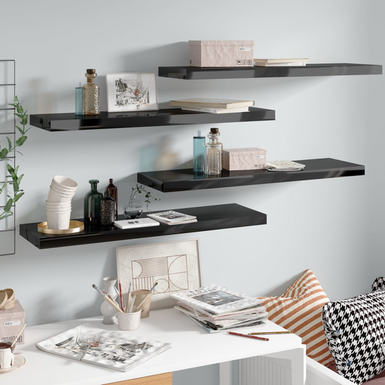 vidaXL Kelluvat seinähyllyt 4 kpl korkeakiilto musta 90x23,5x3,8cm MDF