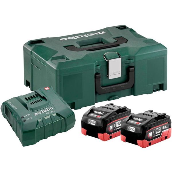 Metabo Bas-set Latauspaketti 2 kpl 8,0 Ah:n akkuja, laturi ja laukku