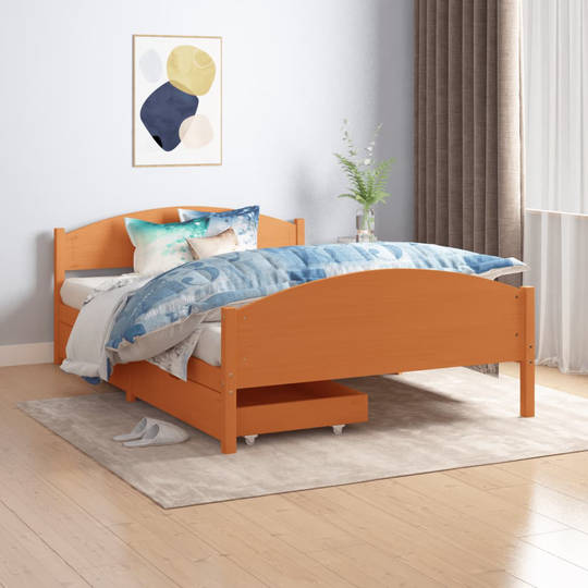 vidaXL Sängynrunko 2 vetolaatikolla hunajanrusk täysi mänty 140x200 cm