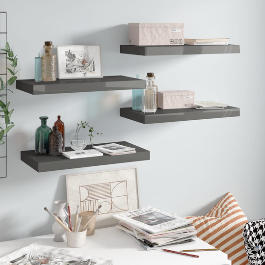 vidaXL Kelluvat seinähyllyt 4 kpl korkeakiilto harmaa 50x23x3,8 cm MDF