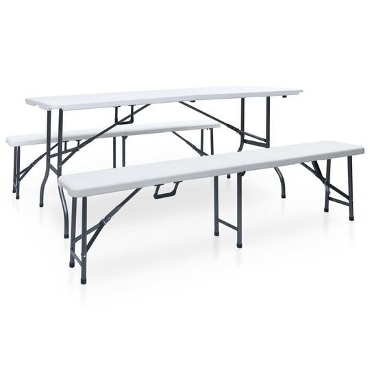 vidaXL Kokoontaittuva Ulkopöytä 2 penkkiä 180cm teräs & HDPE valkoinen