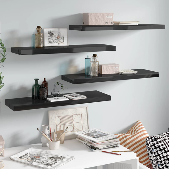 vidaXL Kelluvat seinähyllyt 4 kpl korkeakiilto musta 80x23,5x3,8cm MDF