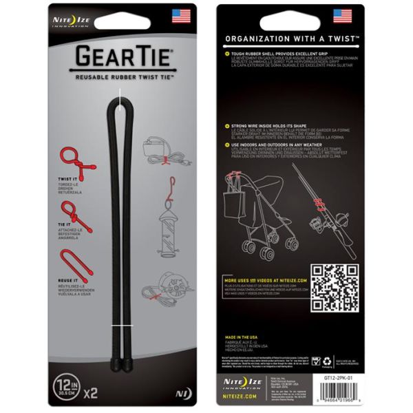 Nite Ize Gear Tie 12 Vaijeri 2 kpl:n pakkaus musta