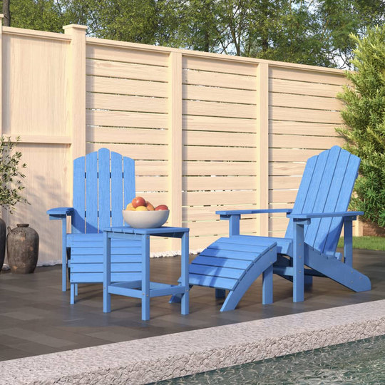 vidaXL Adirondack puutarhatuolit jalkatuet ja pöytä HDPE vedensininen