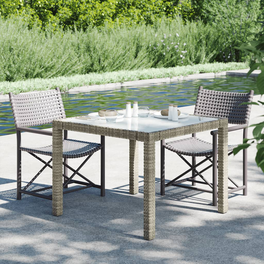 vidaXL Puutarhapöytä 90x90x75 cm karkaistu lasi ja polyrottinki harmaa