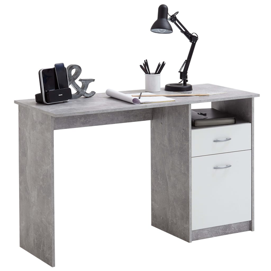 FMD Työpöytä vetolaatikolla 123x50x76,5 cm betoni ja valkoinen