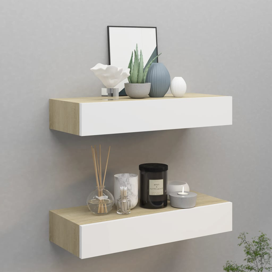 vidaXL Seinälaatikkohyllyt 2 kpl tammi ja valkoinen 60x23,5x10 cm MDF