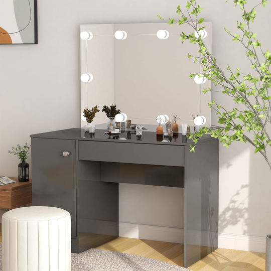 vidaXL Meikkipöytä LED-valoilla 110x55x145 cm MDF kiiltävä harmaa