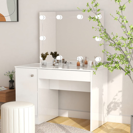 vidaXL Meikkipöytä LED-valoilla 110x55x145 cm MDF kiiltävä valkoinen