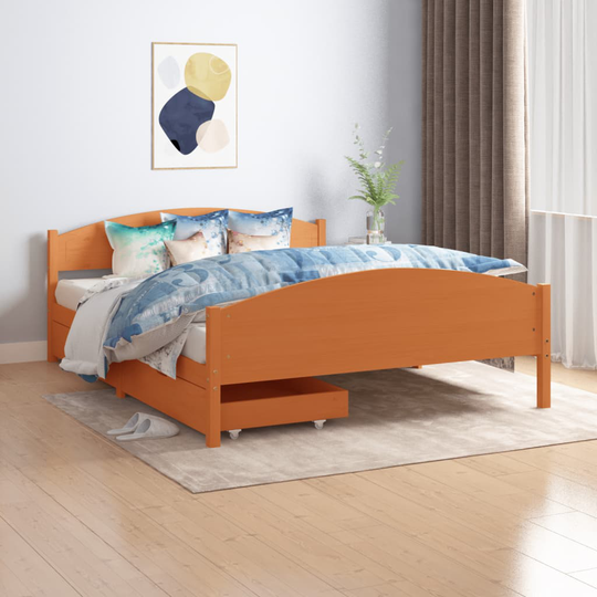 vidaXL Sängynrunko 2 vetolaatikolla hunajanrusk täysi mänty 160x200 cm