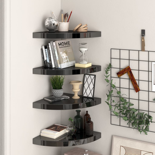 vidaXL Kelluvat kulmahyllyt 4 kpl korkeakiilto musta 35x35x3,8 cm MDF