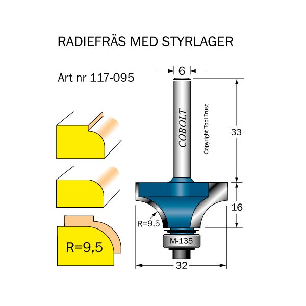 Cobolt 117-095 Pyöristysjyrsin pohja-asennettu ohjainlaakeri Säde 9,2 mm